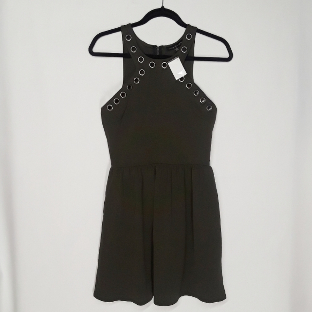 CITY TRIANGLES Green Gunmetal Silver Grommet Neckline A Line Dress Medium NWT